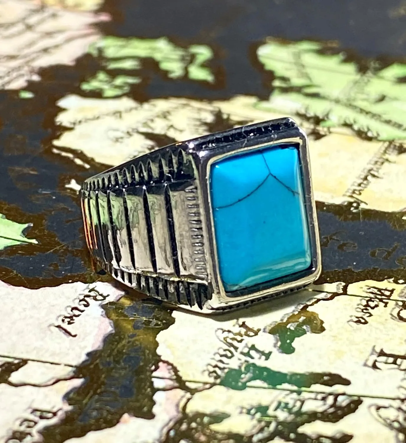 Mens Round Rectangle Square Opal Turquoise Feroza Blue Stone Carved Signet Punk Ring Stainless Steel Ring, Anillos De Hombre, Fashion Statement Ring, Promise Ring, Womens Ring, Gothic Biker Ring