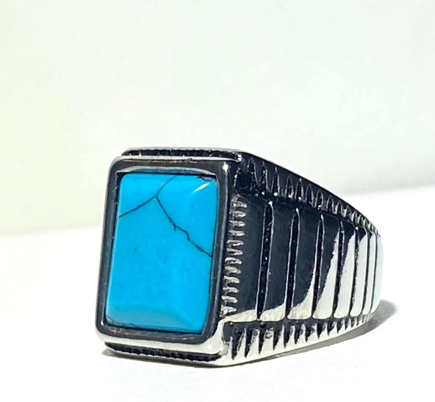 Mens Round Rectangle Square Opal Turquoise Feroza Blue Stone Carved Signet Punk Ring Stainless Steel Ring, Anillos De Hombre, Fashion Statement Ring, Promise Ring, Womens Ring, Gothic Biker Ring