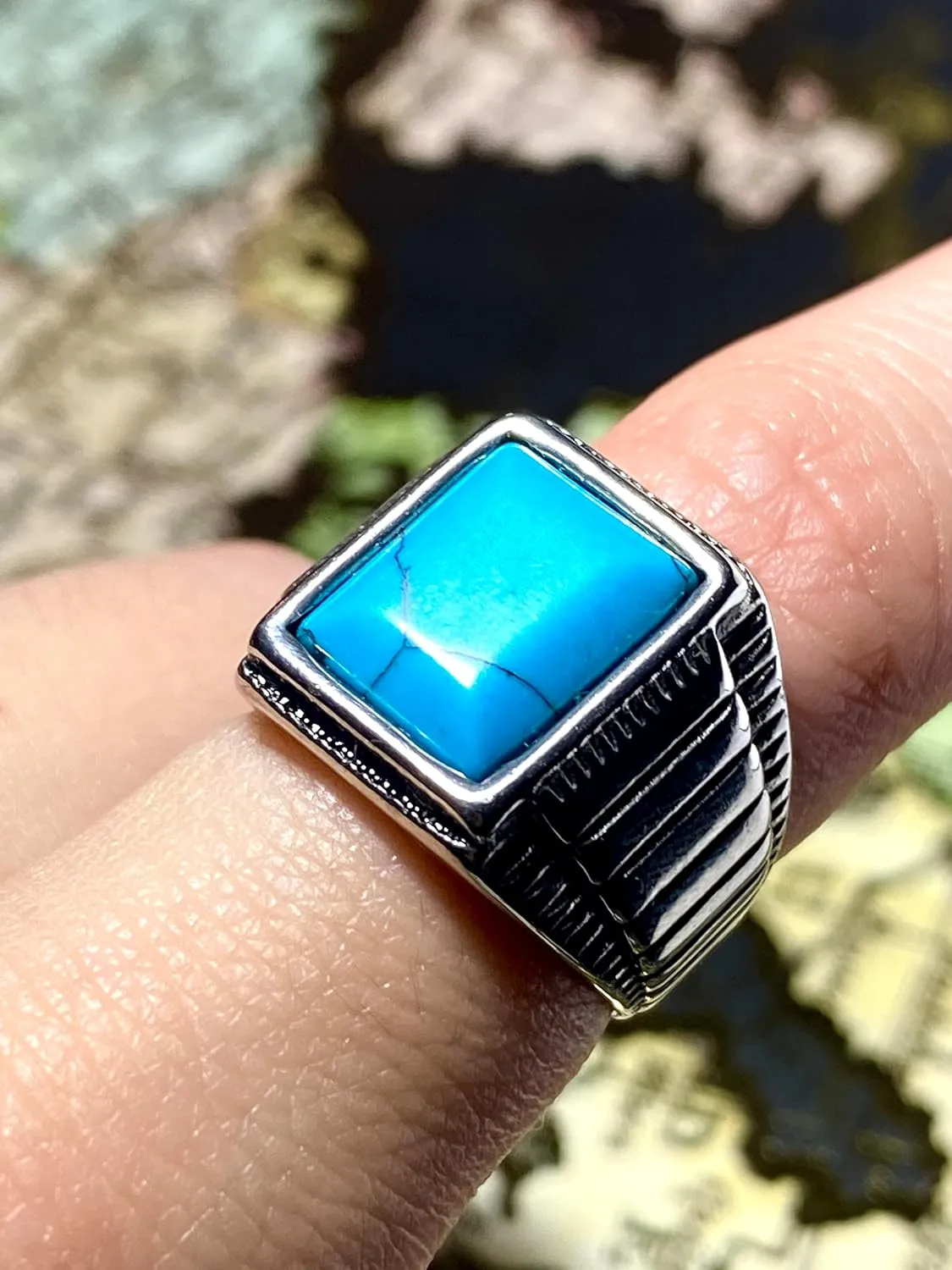 Mens Round Rectangle Square Opal Turquoise Feroza Blue Stone Carved Signet Punk Ring Stainless Steel Ring, Anillos De Hombre, Fashion Statement Ring, Promise Ring, Womens Ring, Gothic Biker Ring