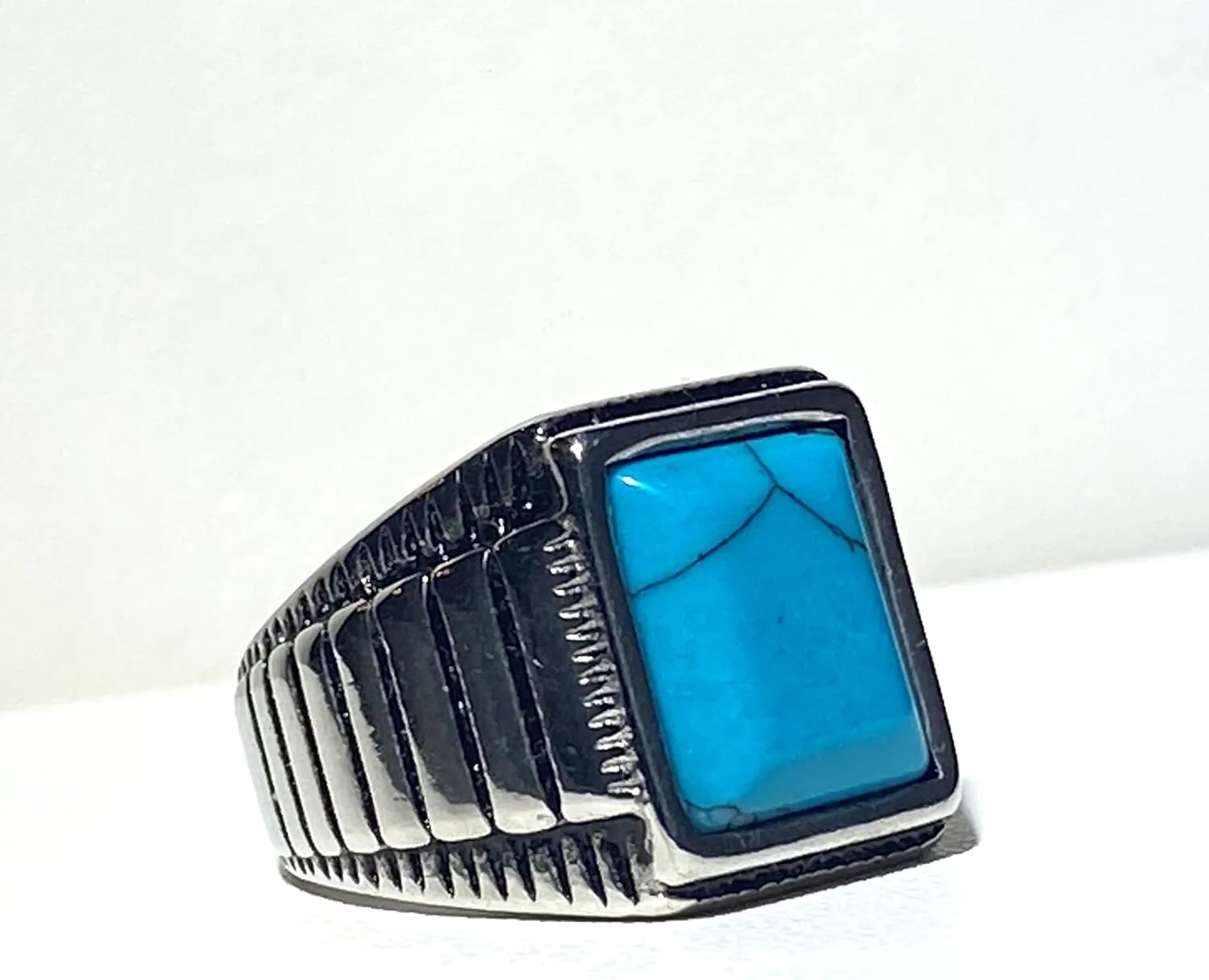 Mens Round Rectangle Square Opal Turquoise Feroza Blue Stone Carved Signet Punk Ring Stainless Steel Ring, Anillos De Hombre, Fashion Statement Ring, Promise Ring, Womens Ring, Gothic Biker Ring