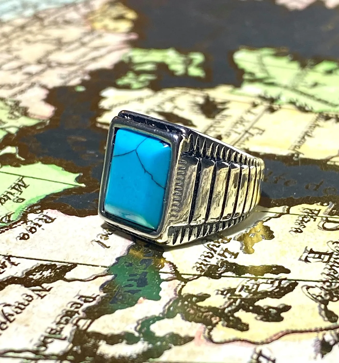 Mens Round Rectangle Square Opal Turquoise Feroza Blue Stone Carved Signet Punk Ring Stainless Steel Ring, Anillos De Hombre, Fashion Statement Ring, Promise Ring, Womens Ring, Gothic Biker Ring