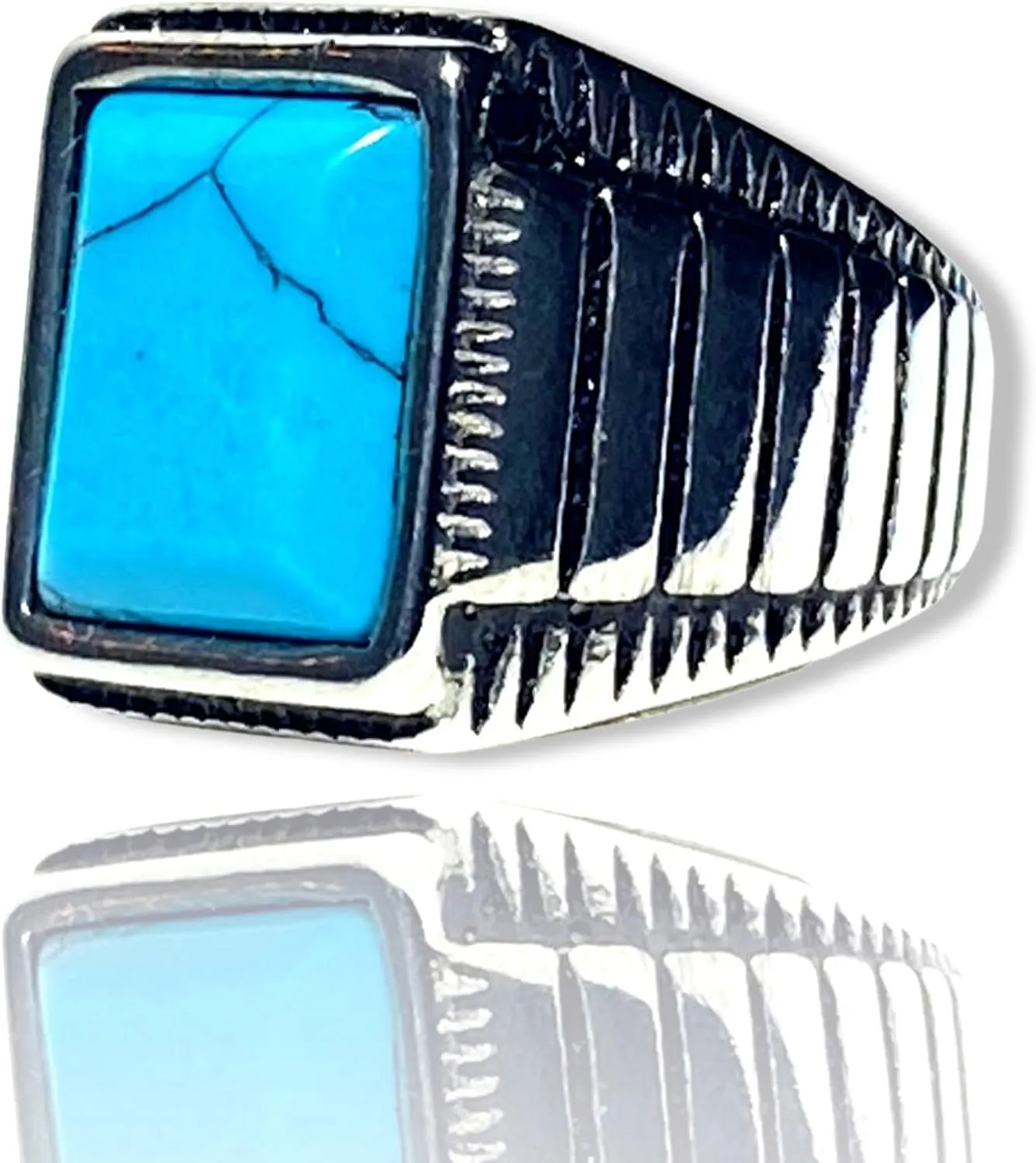 Mens Round Rectangle Square Opal Turquoise Feroza Blue Stone Carved Signet Punk Ring Stainless Steel Ring, Anillos De Hombre, Fashion Statement Ring, Promise Ring, Womens Ring, Gothic Biker Ring