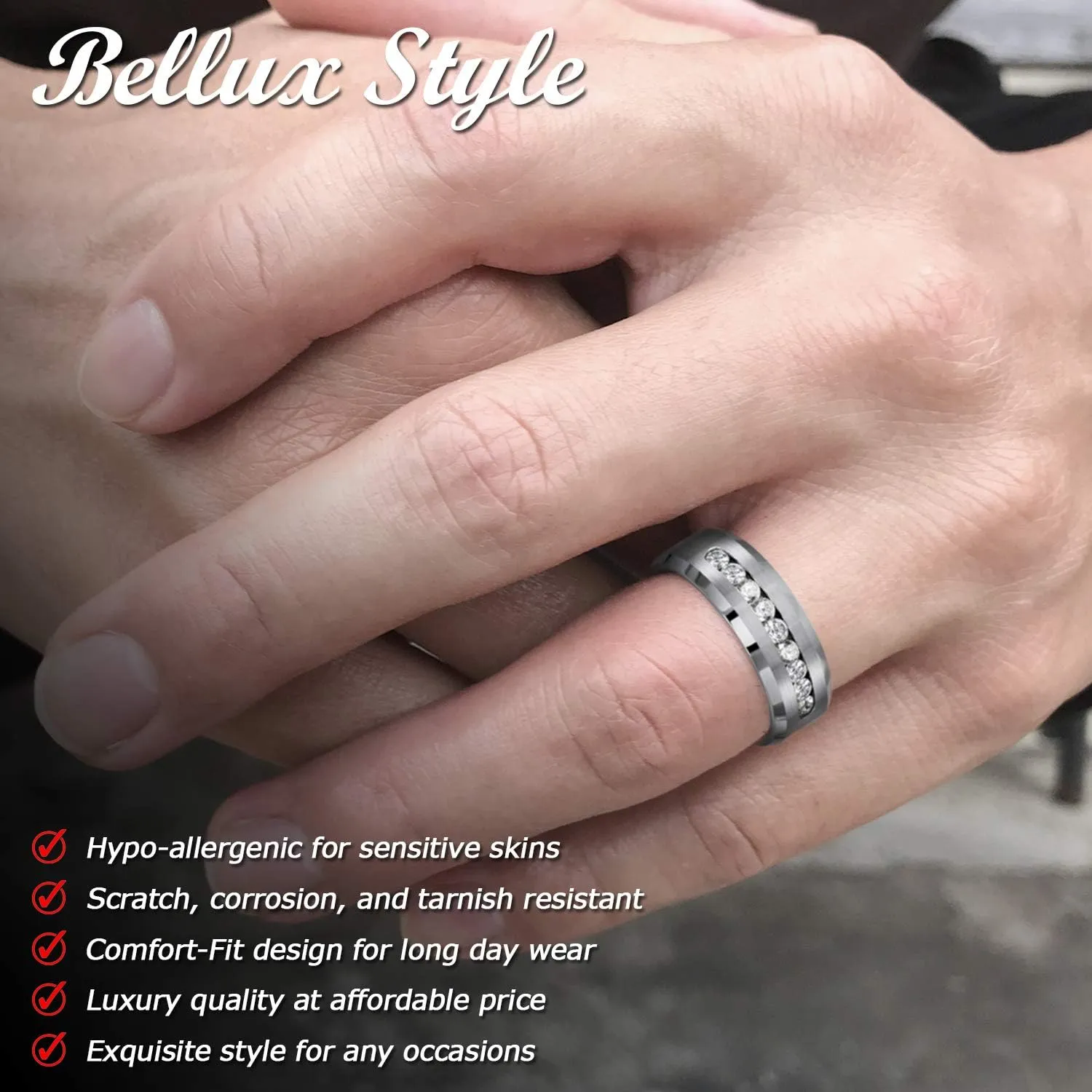 Mens Stainless Steel 8mm CZ Wedding Band  Brushed Finish, Comfort Fit, Hypoallergenic Promise Ring, Sizes 913