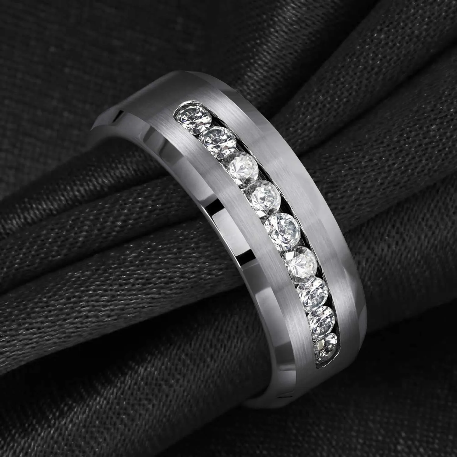 Mens Stainless Steel 8mm CZ Wedding Band  Brushed Finish, Comfort Fit, Hypoallergenic Promise Ring, Sizes 913