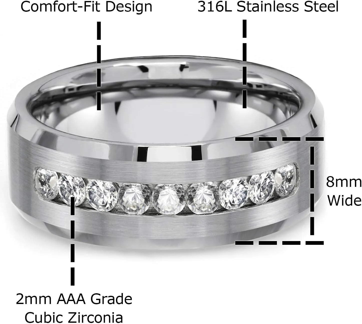 Mens Stainless Steel 8mm CZ Wedding Band  Brushed Finish, Comfort Fit, Hypoallergenic Promise Ring, Sizes 913