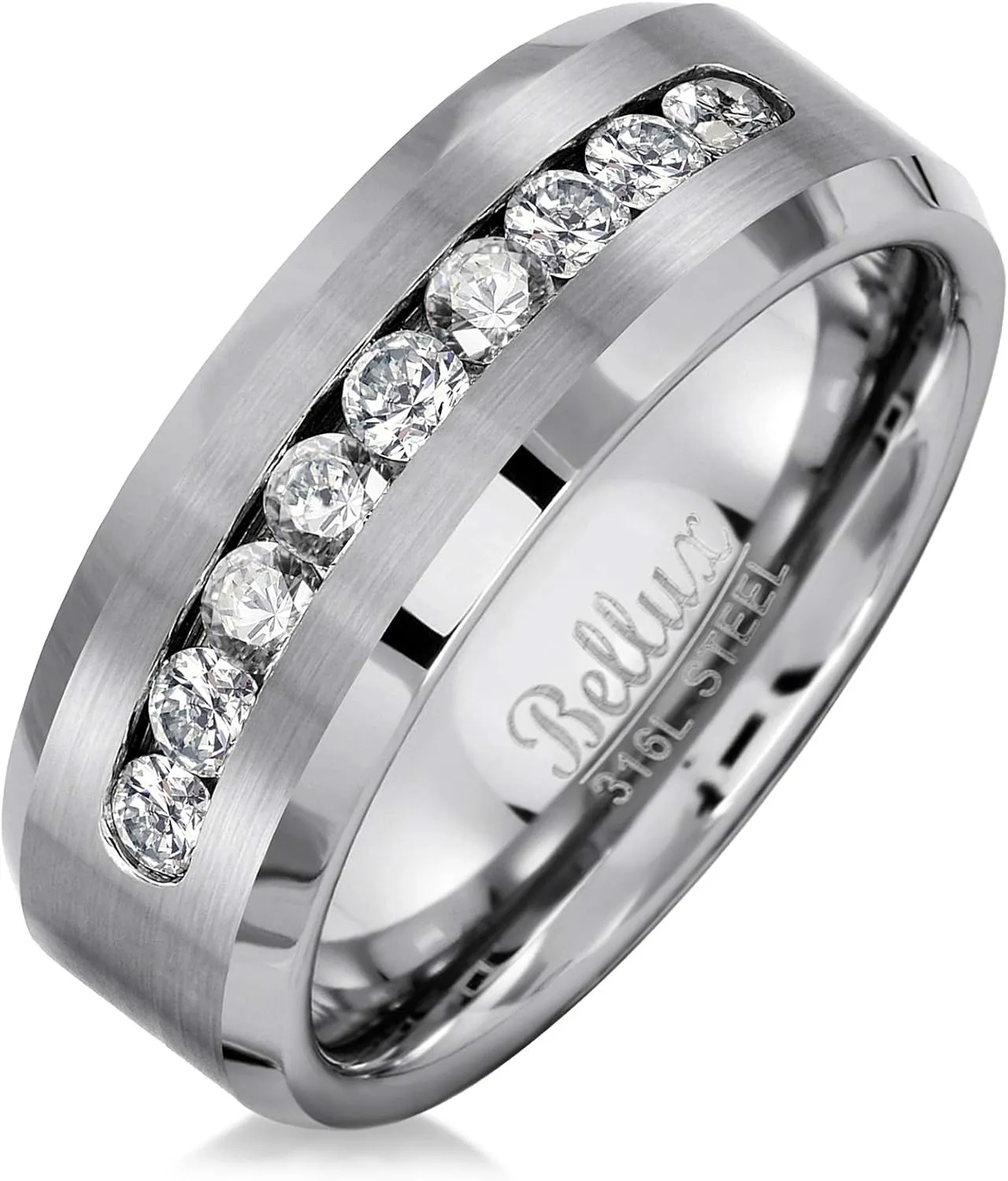 Mens Stainless Steel 8mm CZ Wedding Band  Brushed Finish, Comfort Fit, Hypoallergenic Promise Ring, Sizes 913