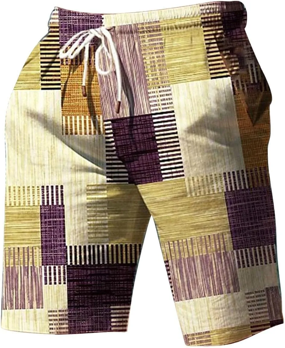 Mens Summer Plaid Printed Beach Shorts Loose Fit Straight Leg Casual Shorts Elastic Waist Drawstring Stylish Board Shorts