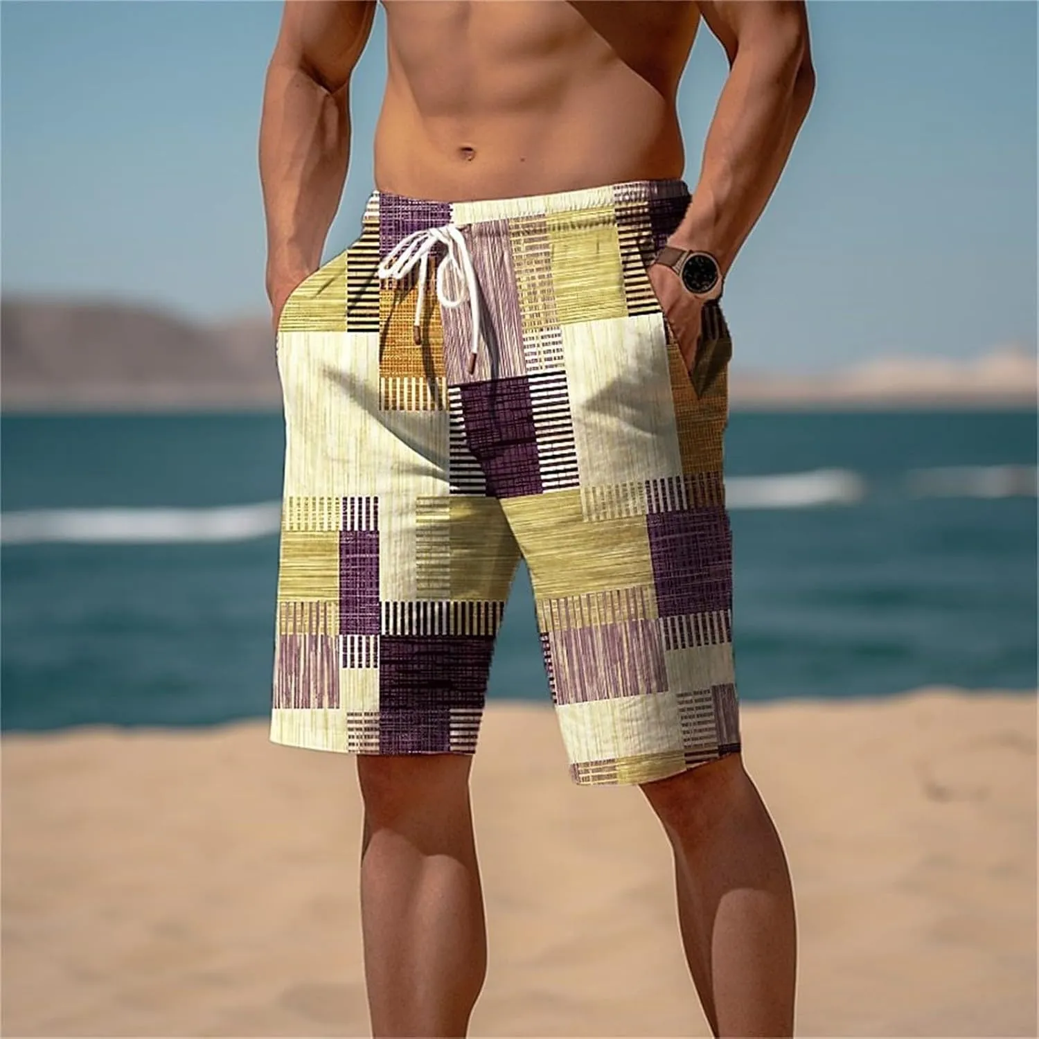 Mens Summer Plaid Printed Beach Shorts Loose Fit Straight Leg Casual Shorts Elastic Waist Drawstring Stylish Board Shorts