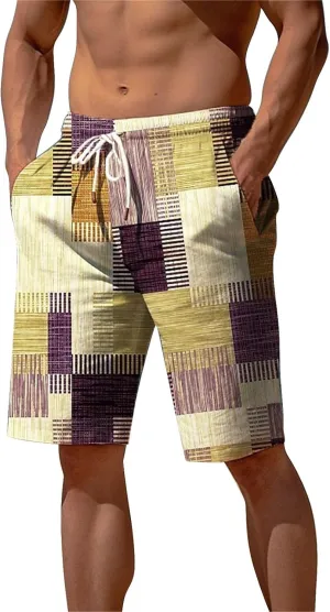 Mens Summer Plaid Printed Beach Shorts Loose Fit Straight Leg Casual Shorts Elastic Waist Drawstring Stylish Board Shorts