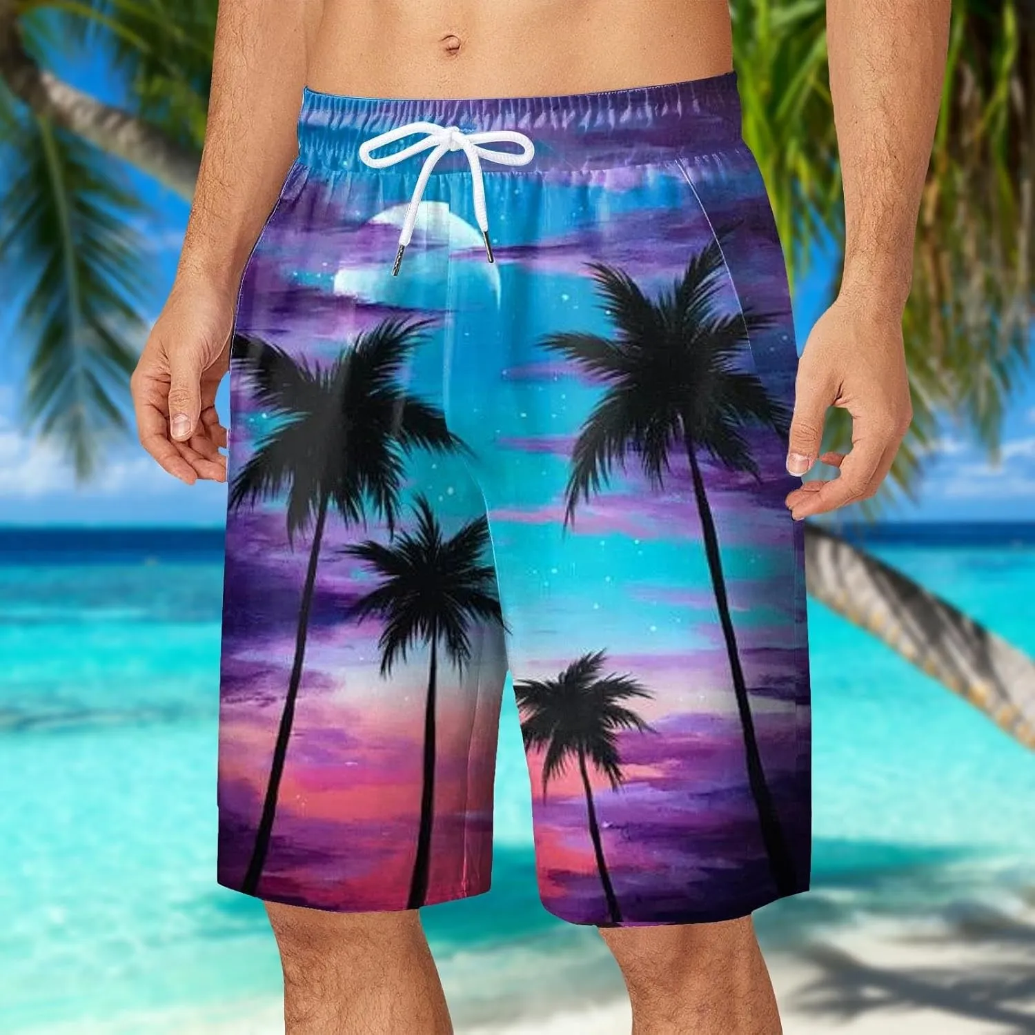 Mens Summer Print Beach Shorts Casual Elastic Waist Drawstring Fashion Beach Shorts Loose Fit Bermuda Shorts with Pockets
