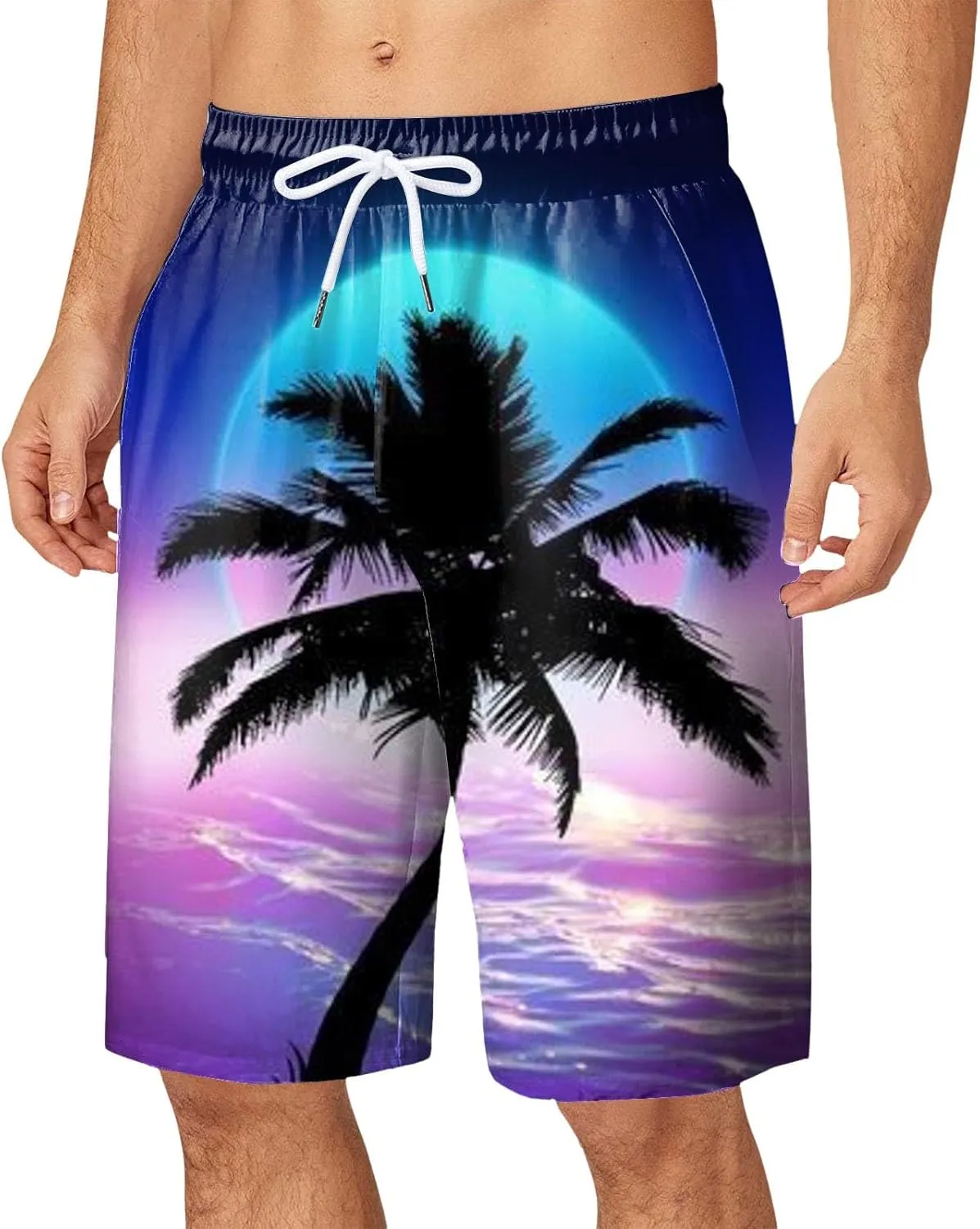 Mens Summer Print Beach Shorts Casual Elastic Waist Drawstring Fashion Beach Shorts Loose Fit Bermuda Shorts with Pockets