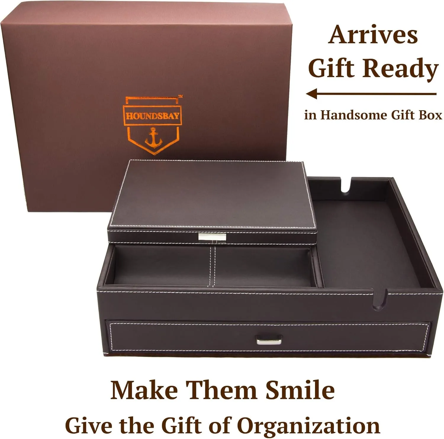 Mens Watch Box Leather Valet Tray - Bedside Table Organizer, Men's Jewelry Box, Watch Case for Men with Large Smartphone Charging Station - Jewelry Box for Men with Valet Box and Nightstand Organizer