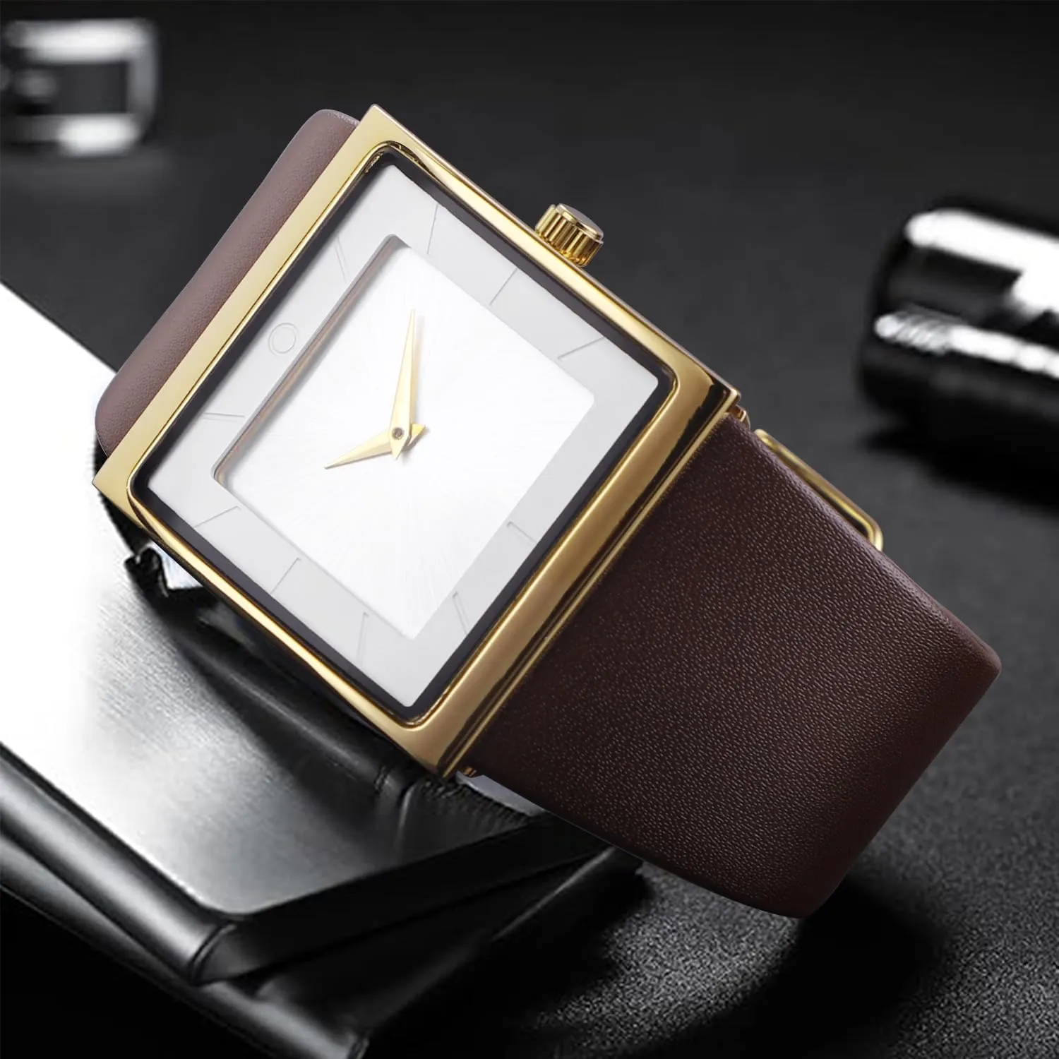 Mens Watch Men's Square Watches for Men Fashion Minimalist Wrist Watch Leather Strap Business Casual Wrist Watch
