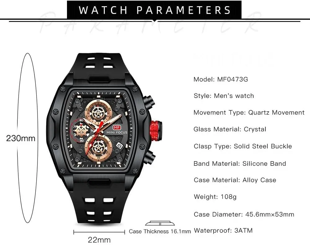 Mens Watches Fashion Sport Luxury Tonneau Watches for Men Chronograph Waterproof Dress Business Work Watch Large Square Face Wristwatch Analog Luminous Calendar Mens Wrist Watch