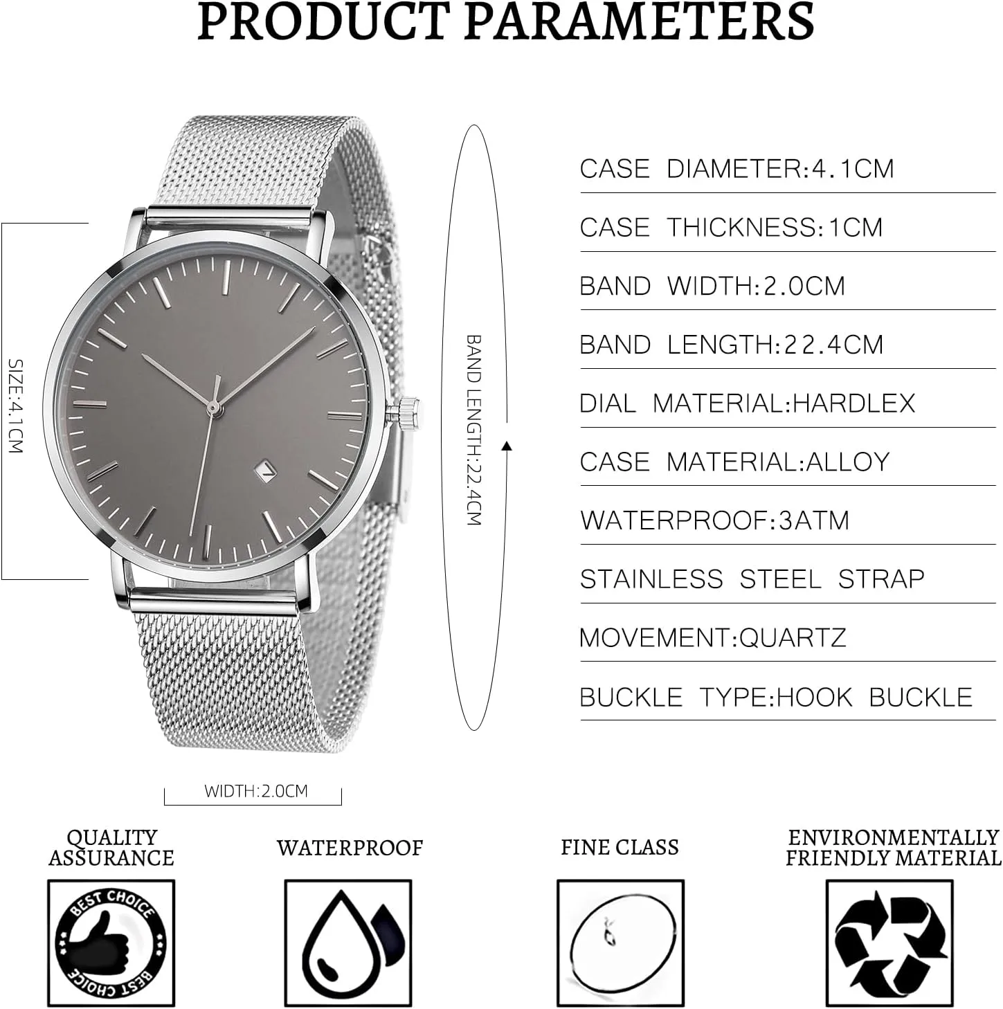 Mens Watches Sleek Minimalist Analog Quartz Waterproof Watches for Men, Stainless Steel Mesh Band Men's Wrist Watch with Auto Date