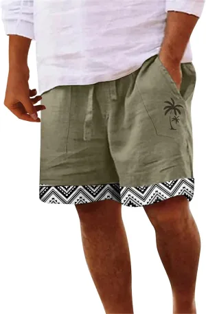 Mens White Summer Linen Shorts Coconut Tree Printed Beach Trendy Shorts Mens White Summer Linen Shorts Mens Linen