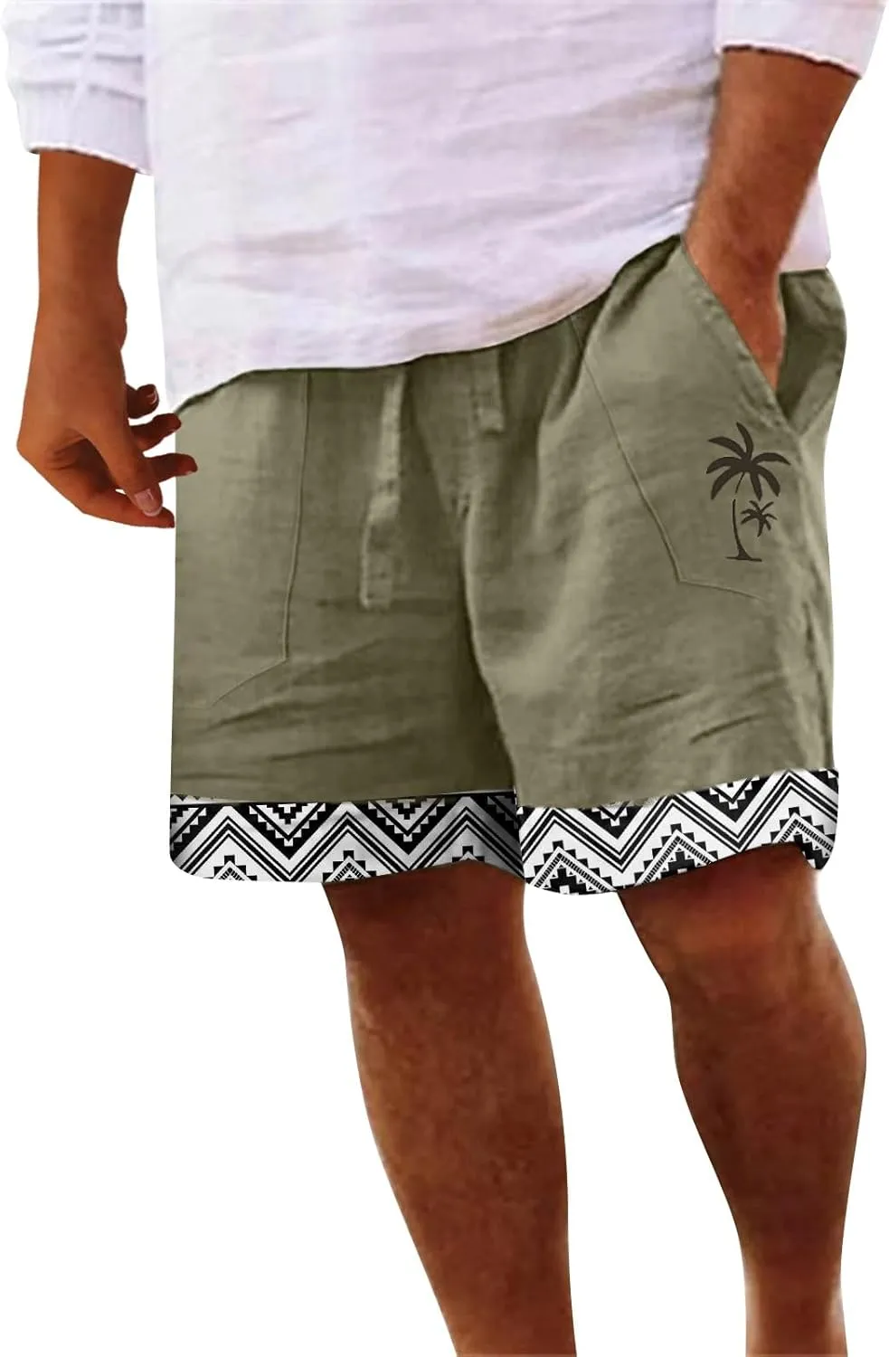 Mens White Summer Linen Shorts Coconut Tree Printed Beach Trendy Shorts Mens White Summer Linen Shorts Mens Linen
