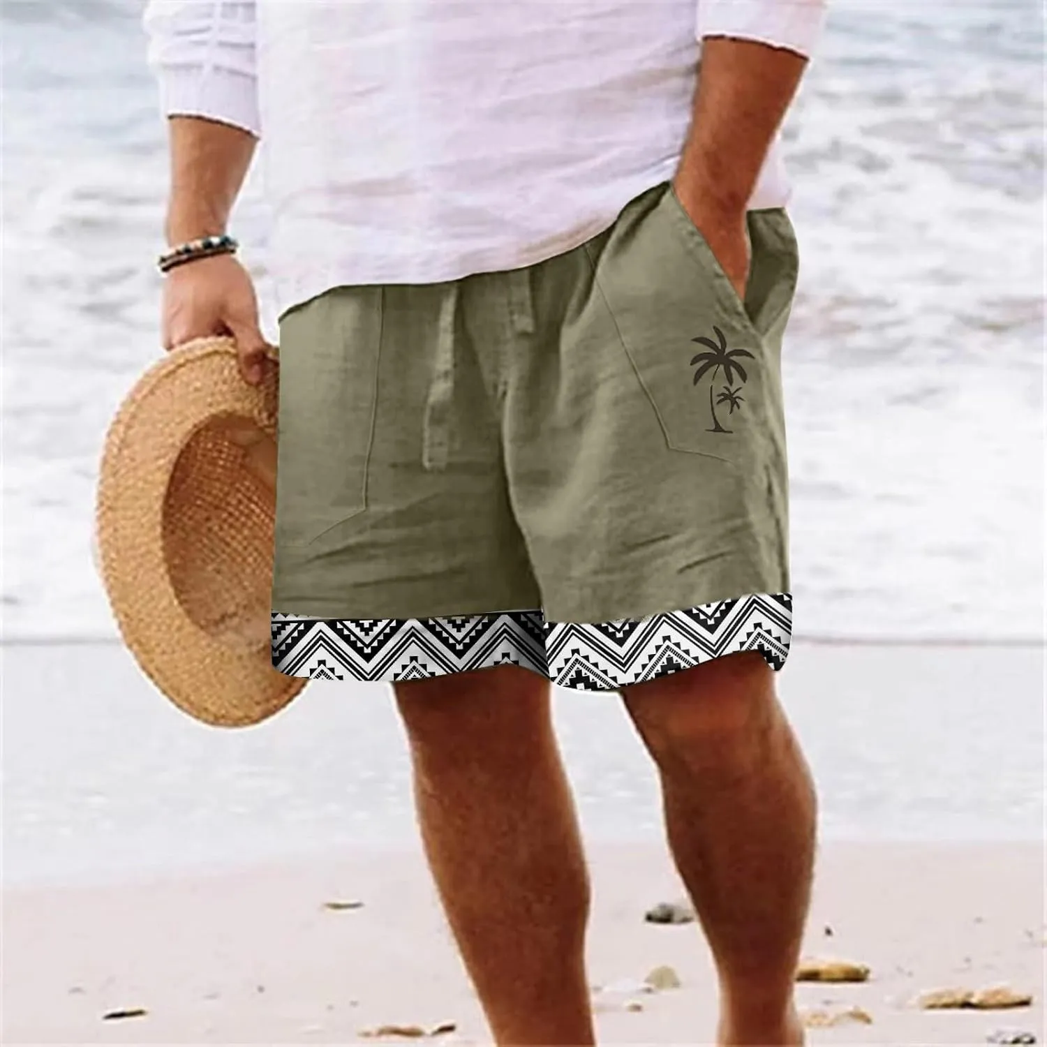 Mens White Summer Linen Shorts Coconut Tree Printed Beach Trendy Shorts Mens White Summer Linen Shorts Mens Linen