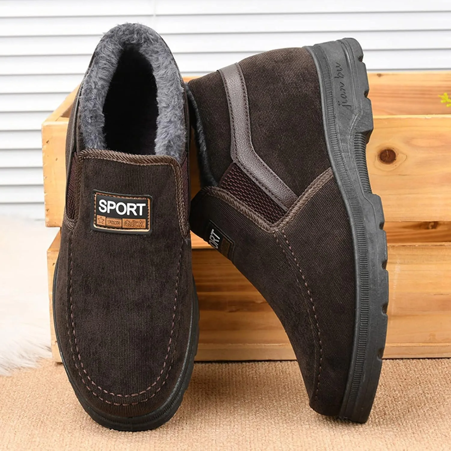 Men's Winter Thickened Solid Color Slip On Flat Bottomed Hiking Leisure Warm Snow Boots Shoes Snow Shoes Size 12