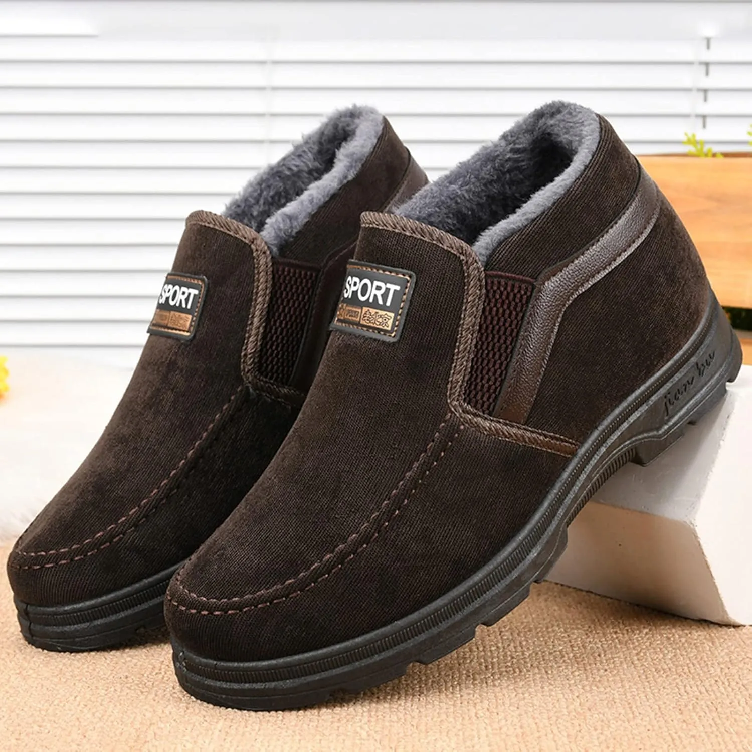 Men's Winter Thickened Solid Color Slip On Flat Bottomed Hiking Leisure Warm Snow Boots Shoes Snow Shoes Size 12