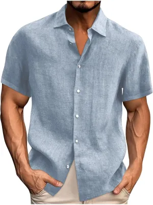 Mens's Cotton Linen Lightweight Lapel Shirts Summer Short Sleeve Solid Button Down Shirt Casual Fashion Tropical Tops