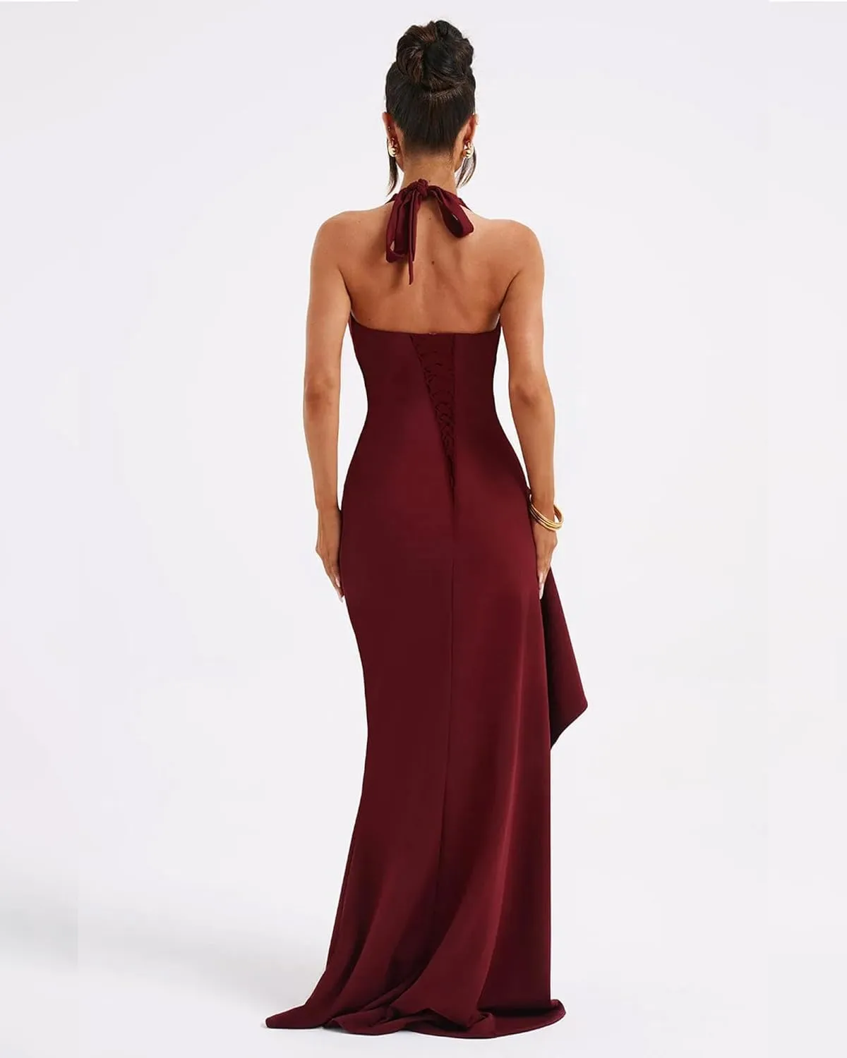 Mermaid Prom Dress Halter Chiffon Evening Dresses with Slit Long Ruched V Neck Formal Party Gown for Women