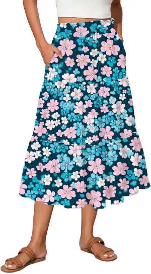 Midi Boho Floral Skirts for Women Trendy Tiered Drawstring High Elastic Waist A Line Skirt Comfy Flowy Skorts with Pockets