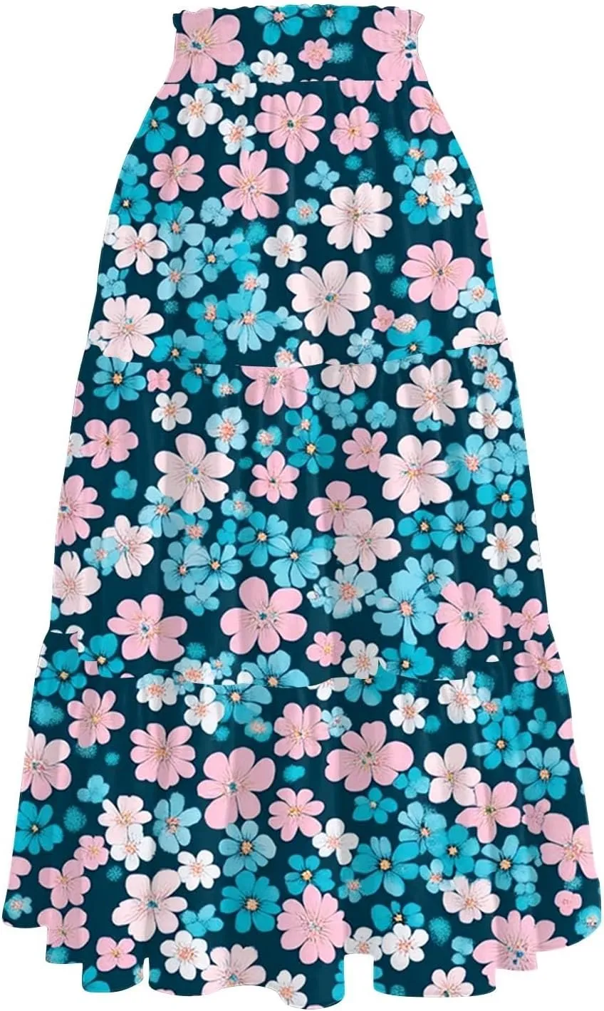Midi Boho Floral Skirts for Women Trendy Tiered Drawstring High Elastic Waist A Line Skirt Comfy Flowy Skorts with Pockets