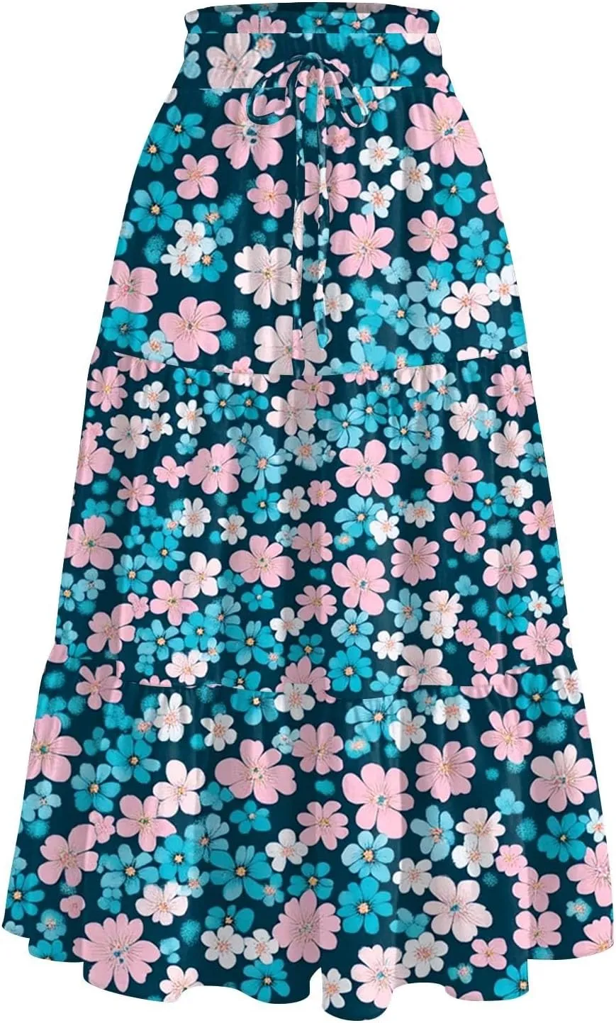 Midi Boho Floral Skirts for Women Trendy Tiered Drawstring High Elastic Waist A Line Skirt Comfy Flowy Skorts with Pockets