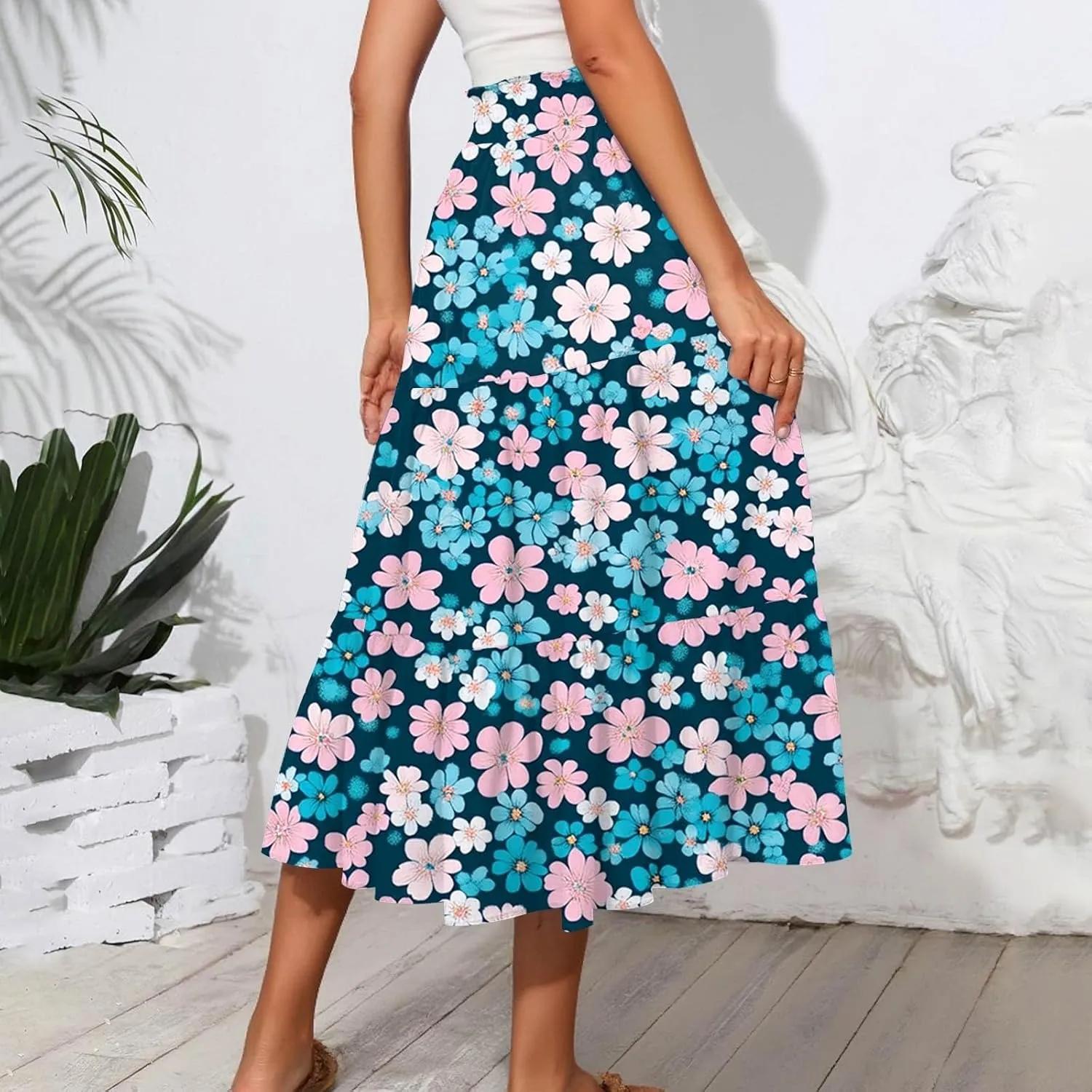 Midi Boho Floral Skirts for Women Trendy Tiered Drawstring High Elastic Waist A Line Skirt Comfy Flowy Skorts with Pockets