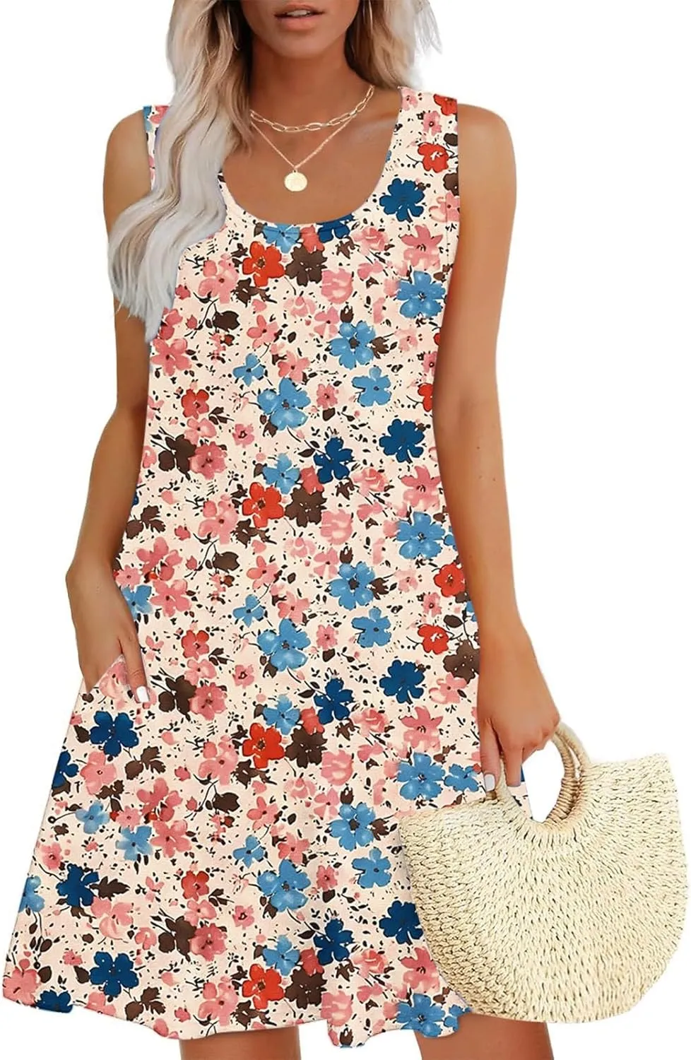 Midi Dress for Women Floral Print Sleeveless Summer Dresses Boho Flowy Casual Dress Beach Vacation Sundress