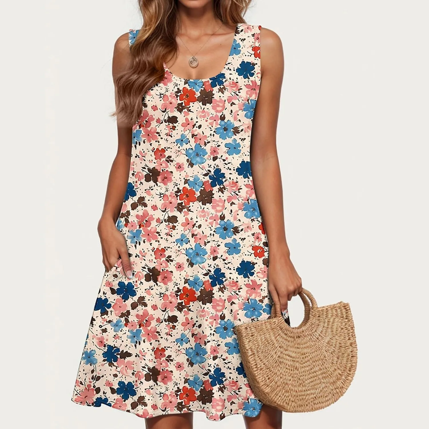 Midi Dress for Women Floral Print Sleeveless Summer Dresses Boho Flowy Casual Dress Beach Vacation Sundress