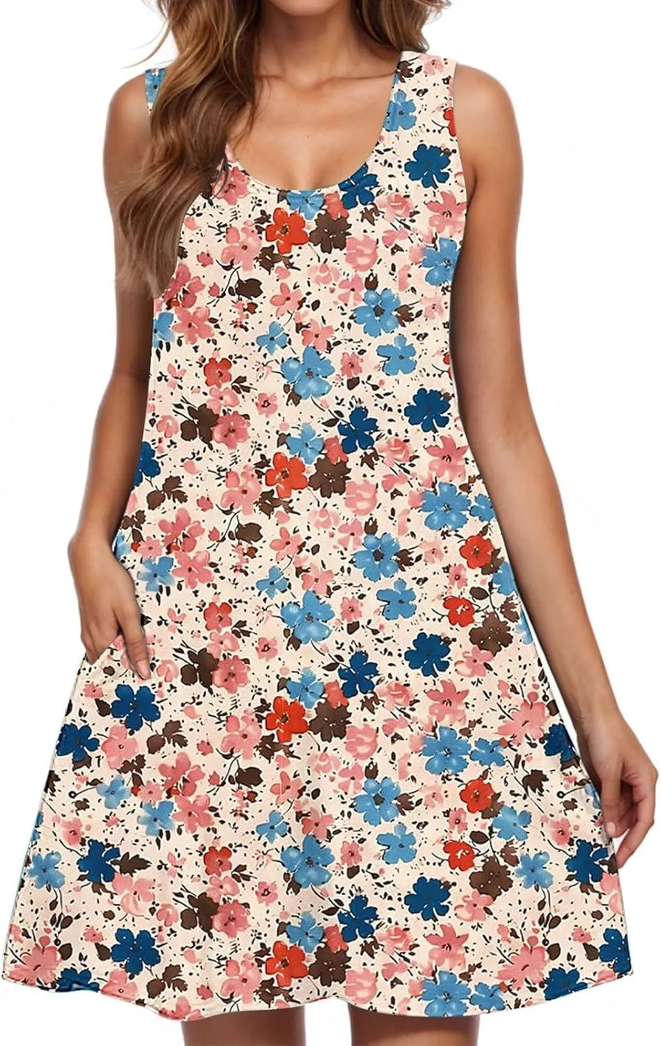 Midi Dress for Women Floral Print Sleeveless Summer Dresses Boho Flowy Casual Dress Beach Vacation Sundress