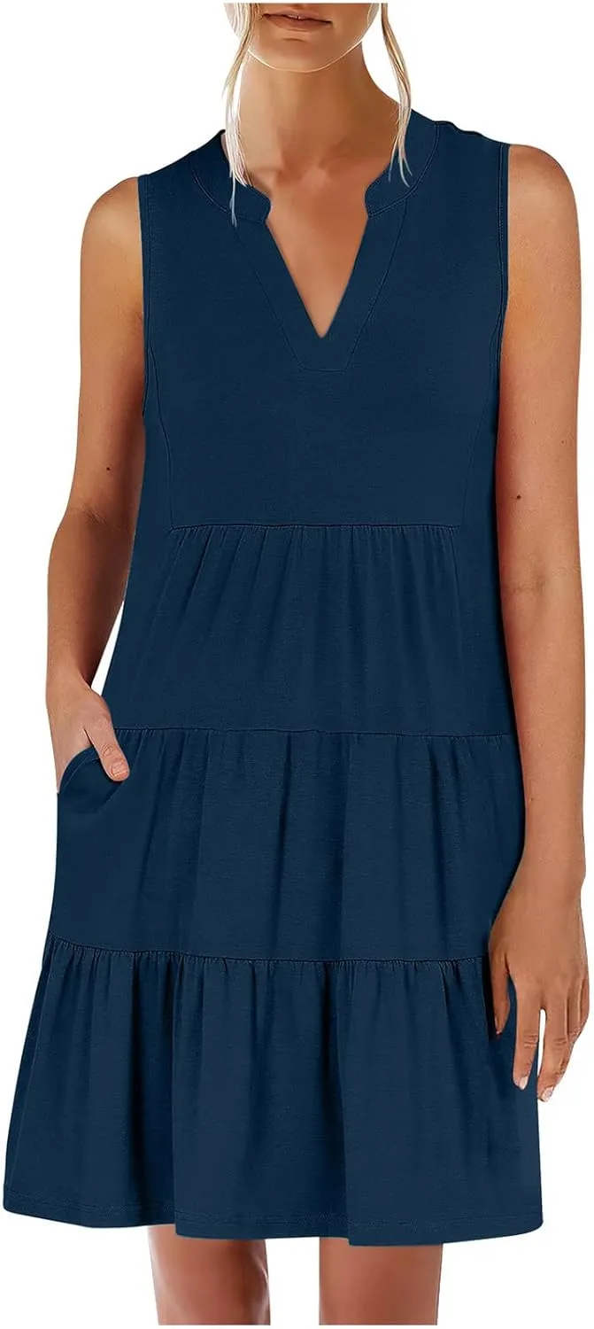 Midi Dress for Women Sleeveless V Neck Tiered Summer Dresses Flowy Swing Sundress Boho Beach Vacation Dress