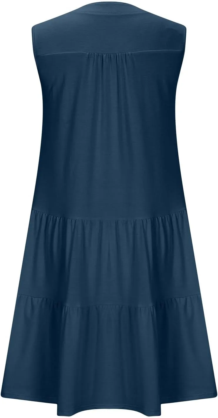 Midi Dress for Women Sleeveless V Neck Tiered Summer Dresses Flowy Swing Sundress Boho Beach Vacation Dress