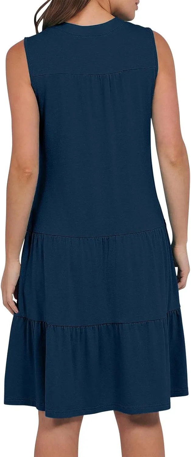 Midi Dress for Women Sleeveless V Neck Tiered Summer Dresses Flowy Swing Sundress Boho Beach Vacation Dress