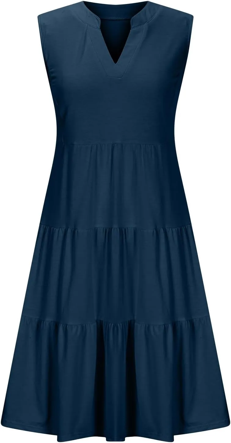 Midi Dress for Women Sleeveless V Neck Tiered Summer Dresses Flowy Swing Sundress Boho Beach Vacation Dress