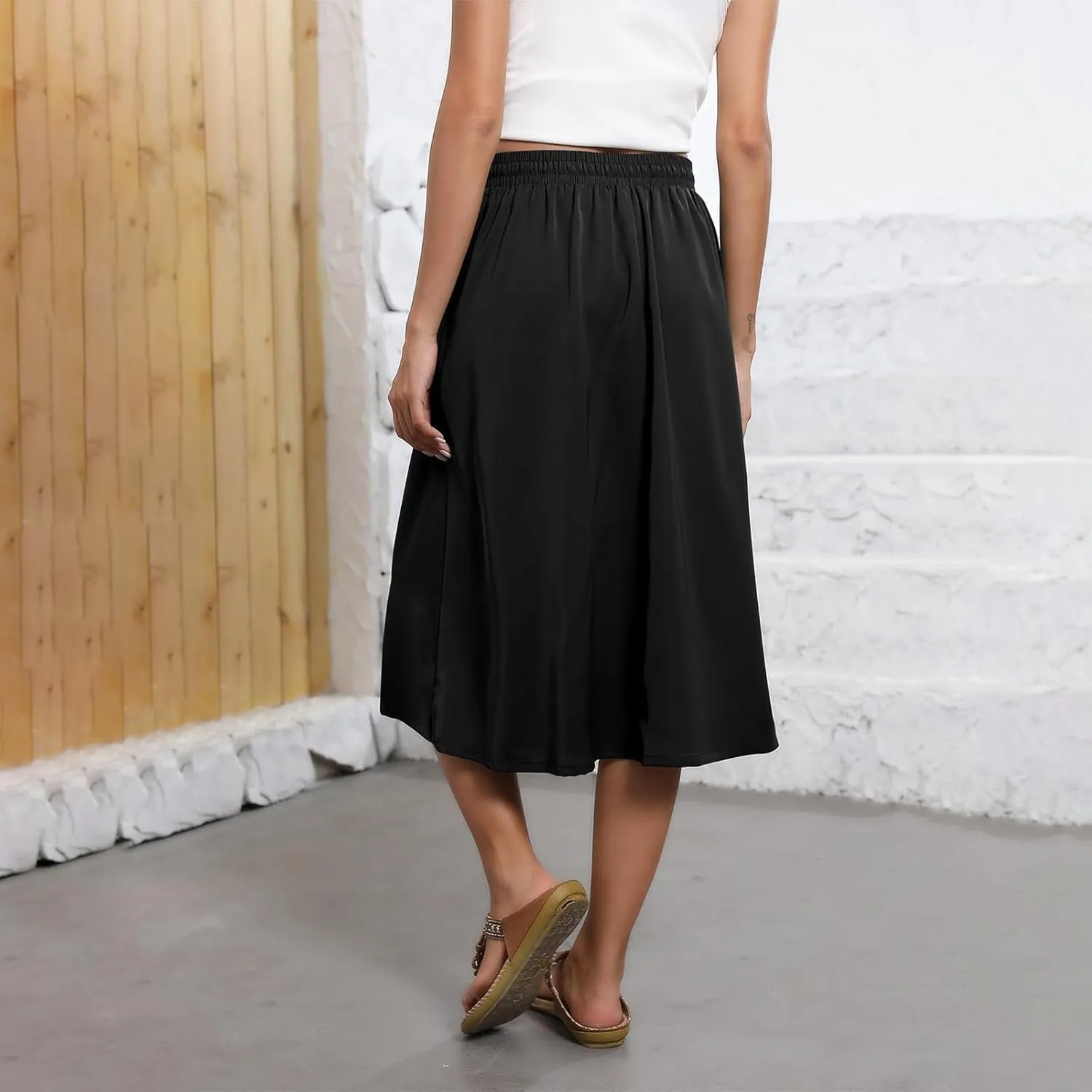 Midi Skirts for Women Knee Length Drawstring High Waisted Boho Floral Skirts Flowy A-Line Beach Skirt with Pockets