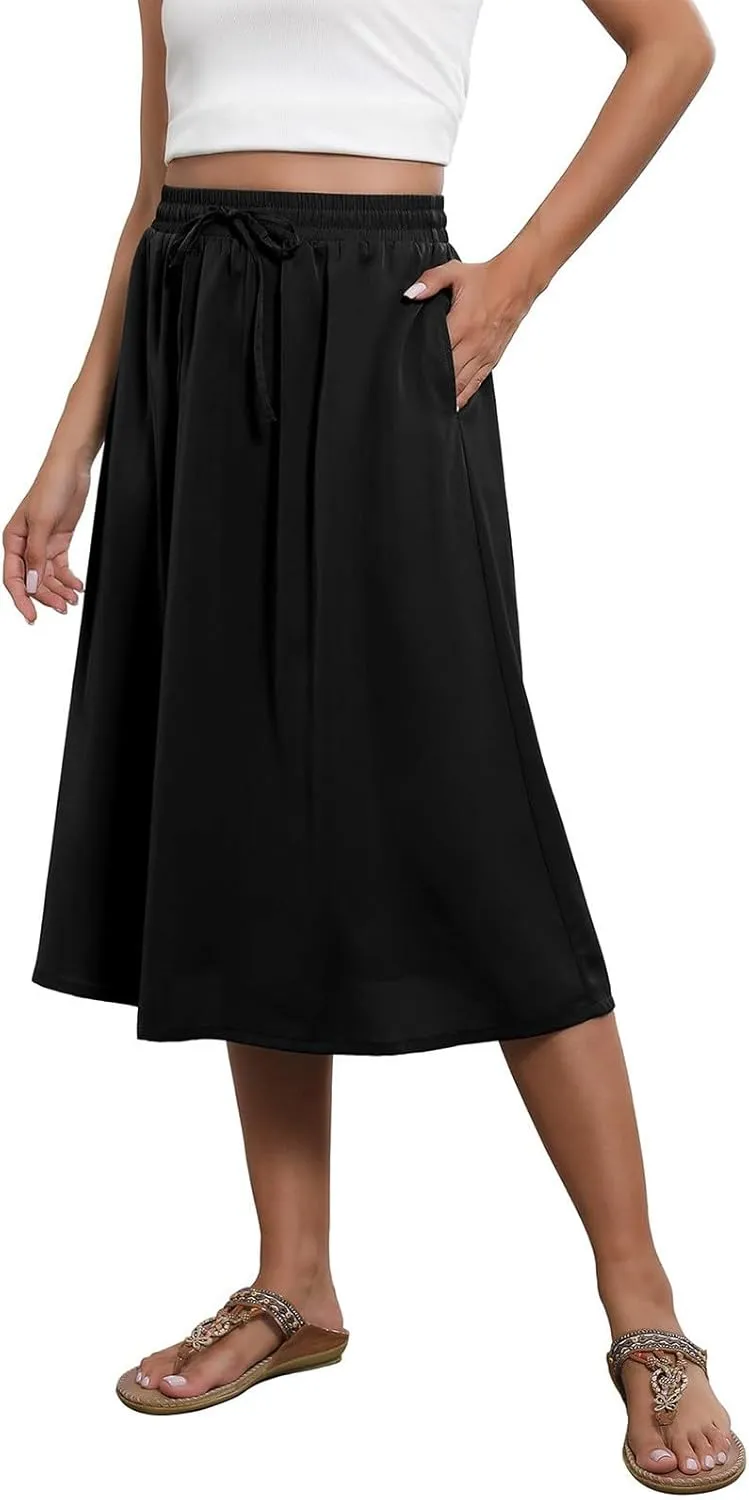 Midi Skirts for Women Knee Length Drawstring High Waisted Boho Floral Skirts Flowy A-Line Beach Skirt with Pockets