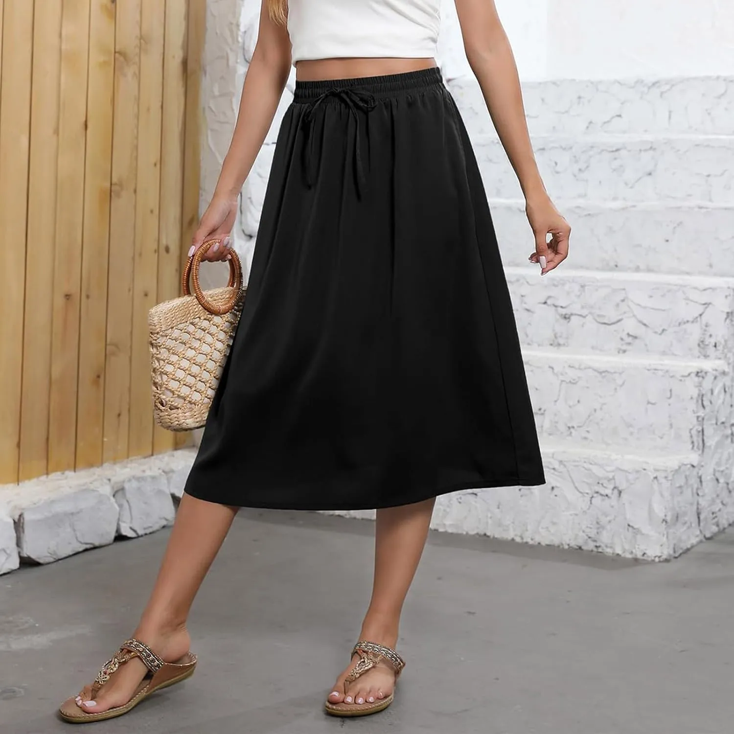 Midi Skirts for Women Knee Length Drawstring High Waisted Boho Floral Skirts Flowy A-Line Beach Skirt with Pockets
