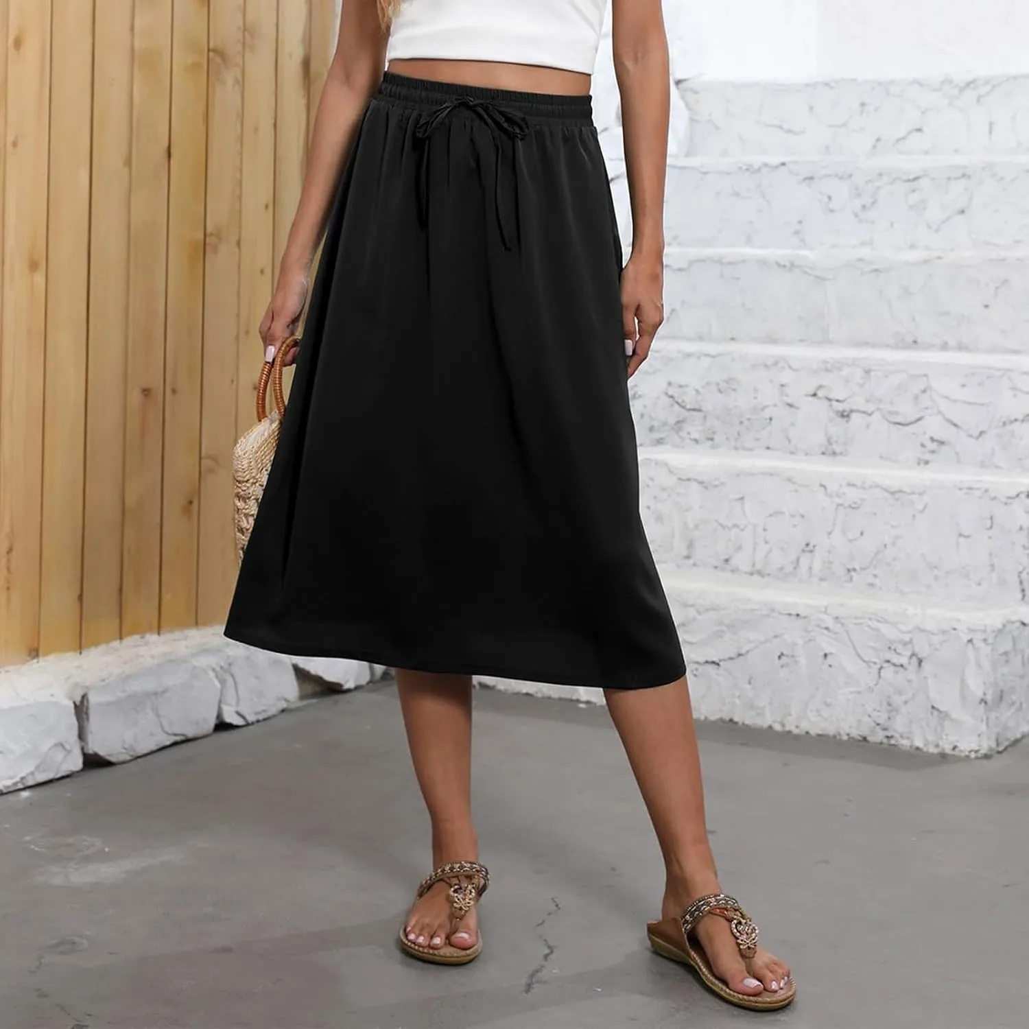 Midi Skirts for Women Knee Length Drawstring High Waisted Boho Floral Skirts Flowy A-Line Beach Skirt with Pockets