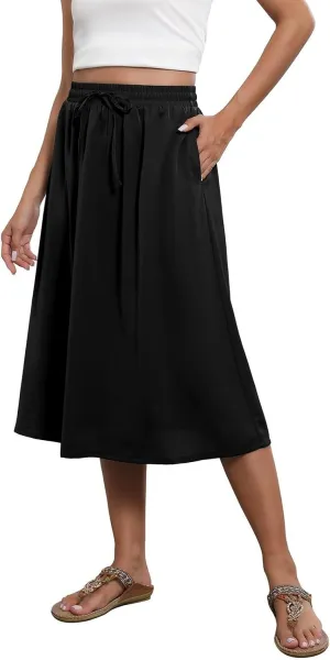 Midi Skirts for Women Knee Length Drawstring High Waisted Boho Floral Skirts Flowy A-Line Beach Skirt with Pockets