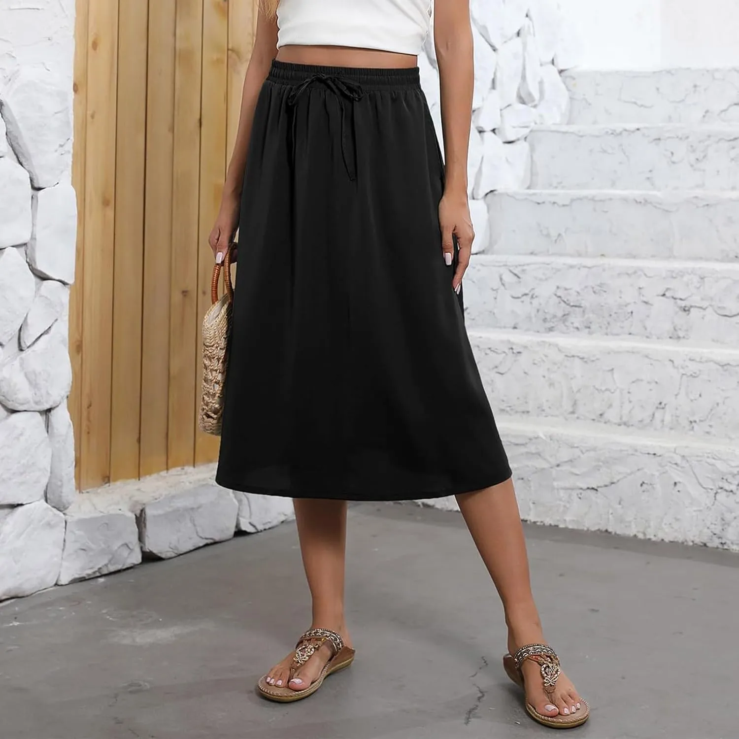 Midi Skirts for Women Knee Length Drawstring High Waisted Boho Floral Skirts Flowy A-Line Beach Skirt with Pockets