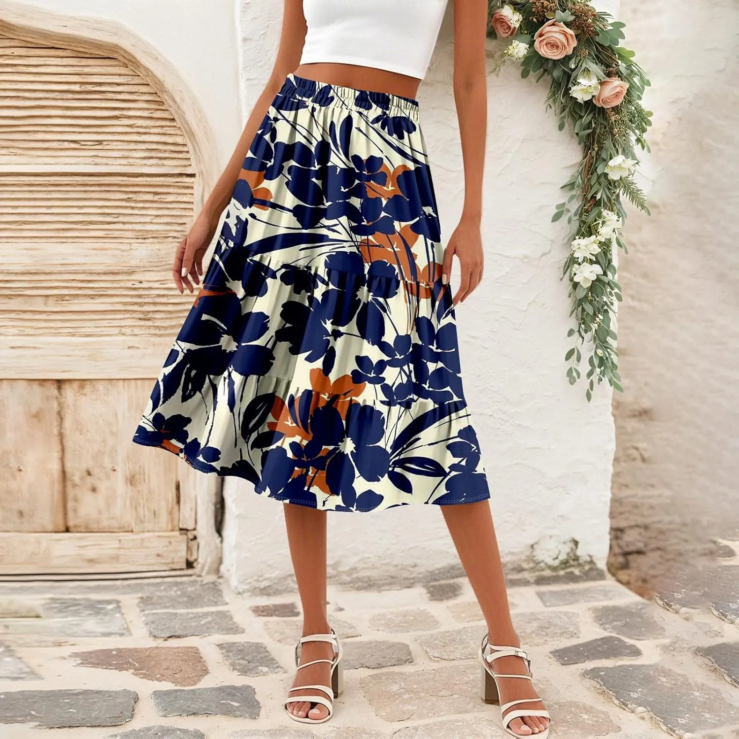midi Tiered Floral Skirts for Women Trendy Boho high Elastic Waist Long Ruffle Flowy a line Skirts Vacation Skort