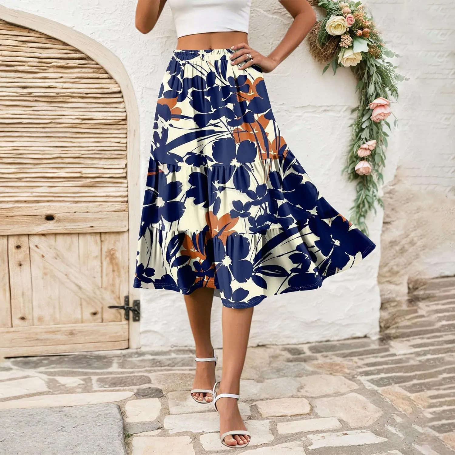 midi Tiered Floral Skirts for Women Trendy Boho high Elastic Waist Long Ruffle Flowy a line Skirts Vacation Skort