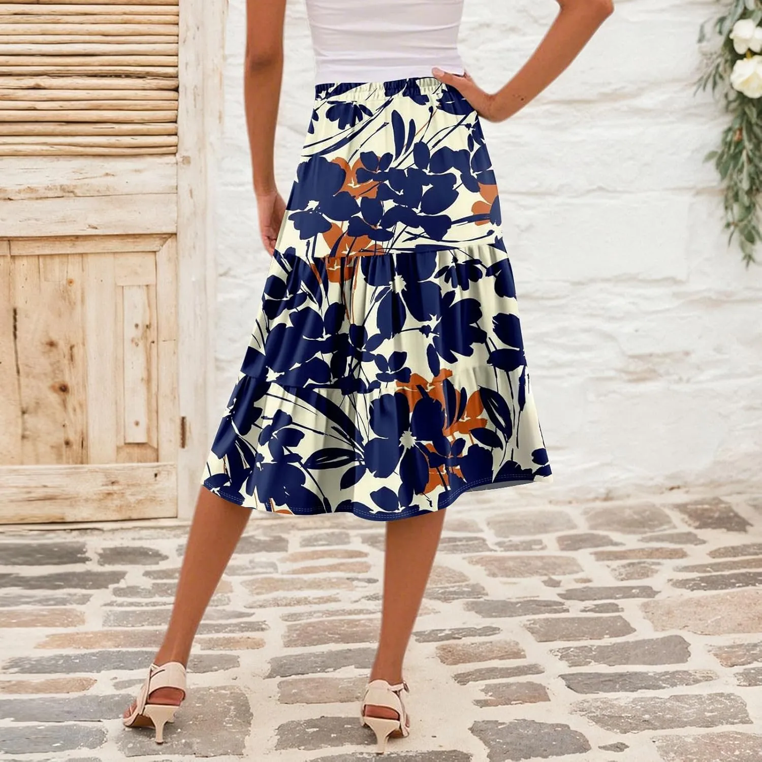 midi Tiered Floral Skirts for Women Trendy Boho high Elastic Waist Long Ruffle Flowy a line Skirts Vacation Skort