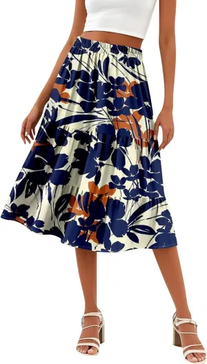 midi Tiered Floral Skirts for Women Trendy Boho high Elastic Waist Long Ruffle Flowy a line Skirts Vacation Skort