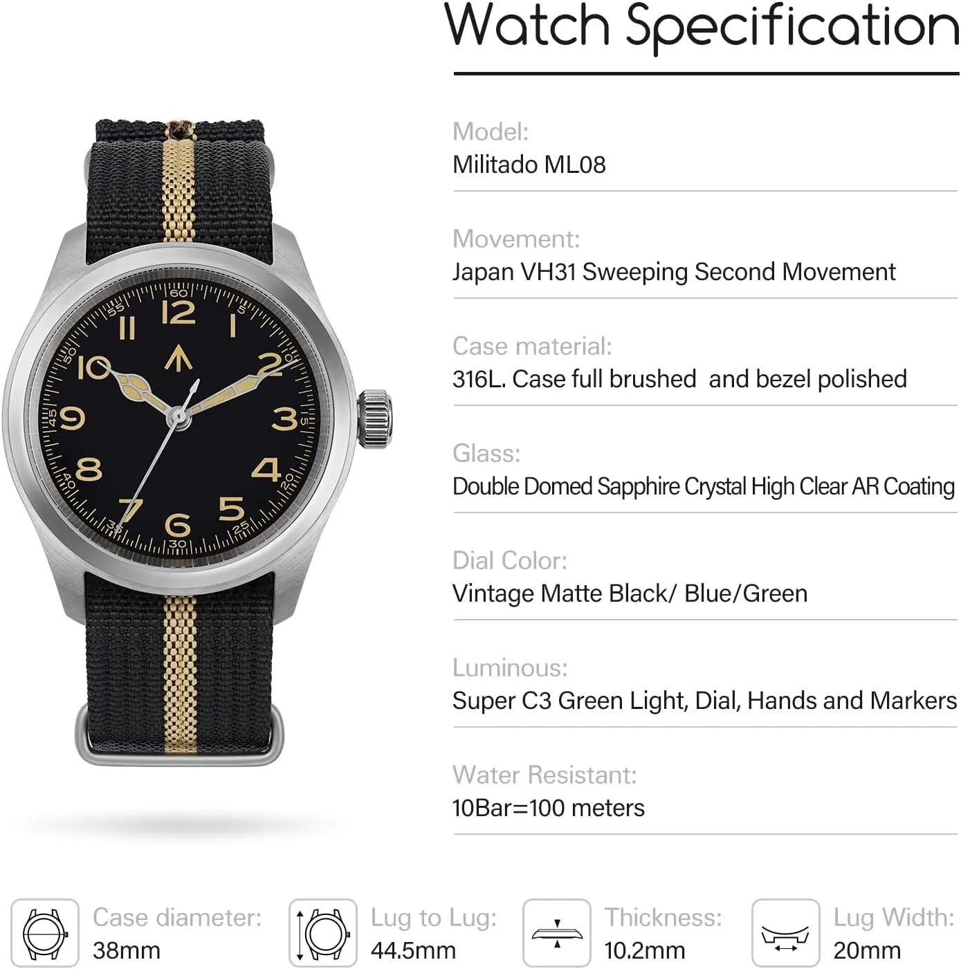 Militado ML08 VH31 38mm Military Mens Watch Double Domed Sapphire Crystal C3 Green Light 10 ATM Waterproof Analog Watches for Men and Women