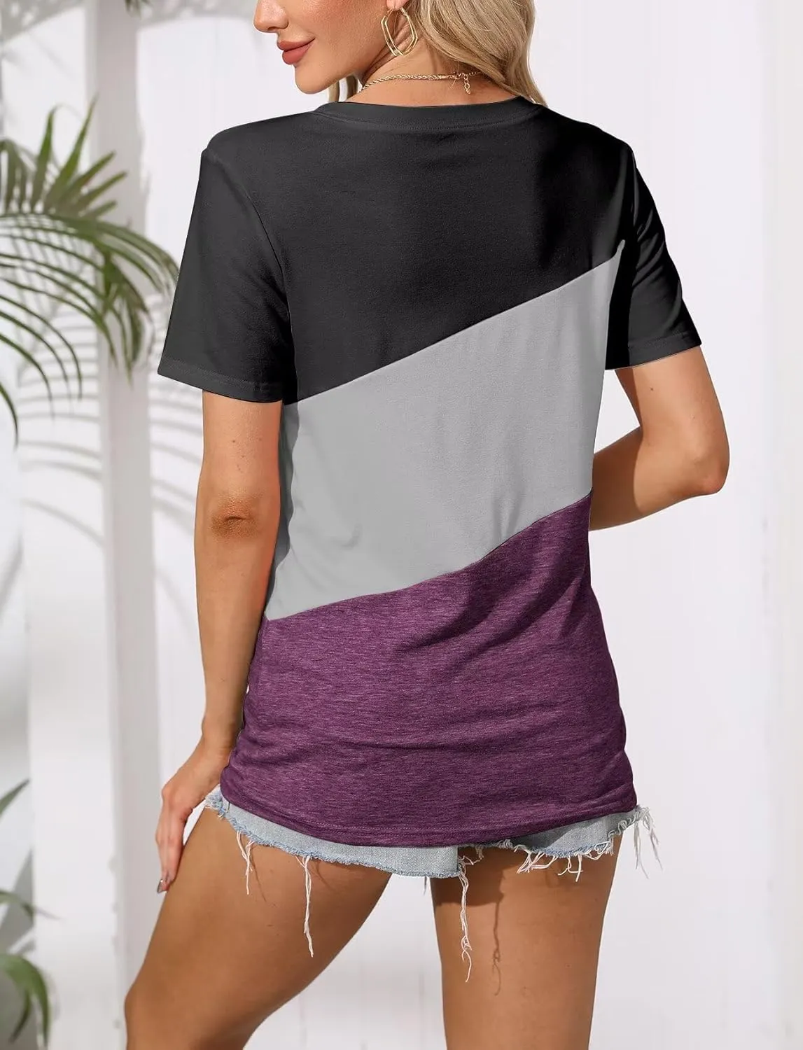 Minetom Women's T Shirts Short Sleeve Color Block/Solid Tops Casual Summer Tees
