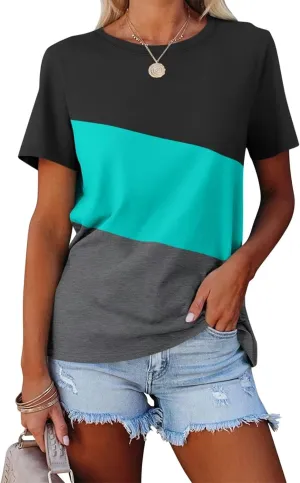 Minetom Women's T Shirts Short Sleeve Color Block/Solid Tops Casual Summer Tees